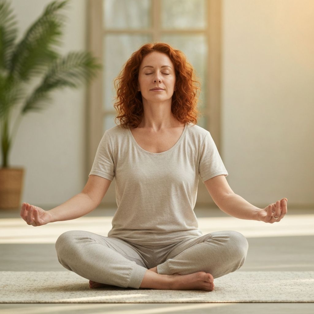Person practicing mindful breathing in peaceful setting